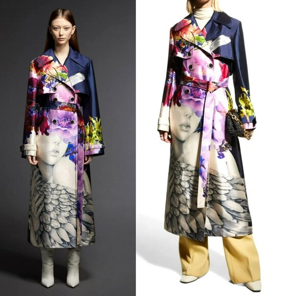 Jason Wu Purple Floral Print Silk Trench Coat Maximalist Art to Wear Eclectic - Picture 3 of 16
